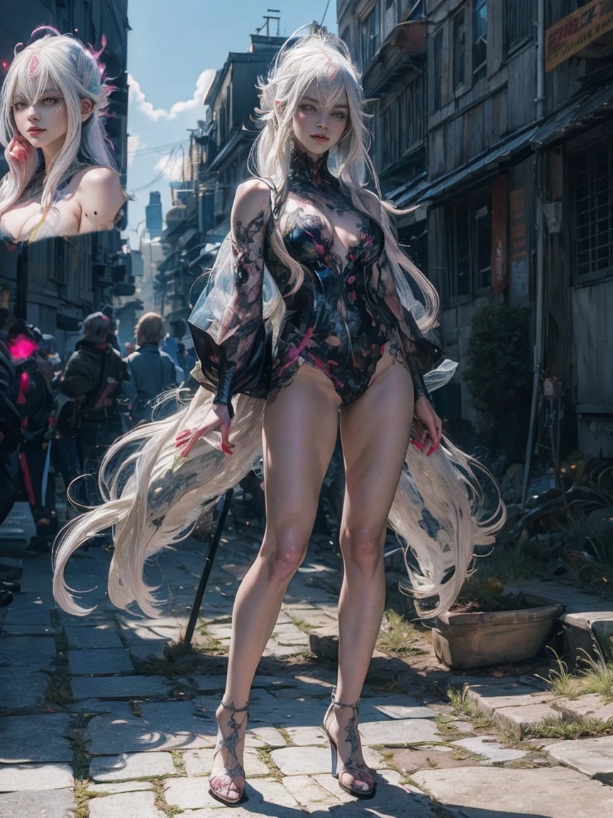 A beautiful detailed anime girl, extremely detailed face and eyes, long white hair, arrogant expression, full body portrait, outdoor scene, best quality, 8k, hyperrealistic, masterpiece, ultra-detailed, realistic, photorealistic, physically-based rendering, professional, vivid colors, HDR, studio lighting