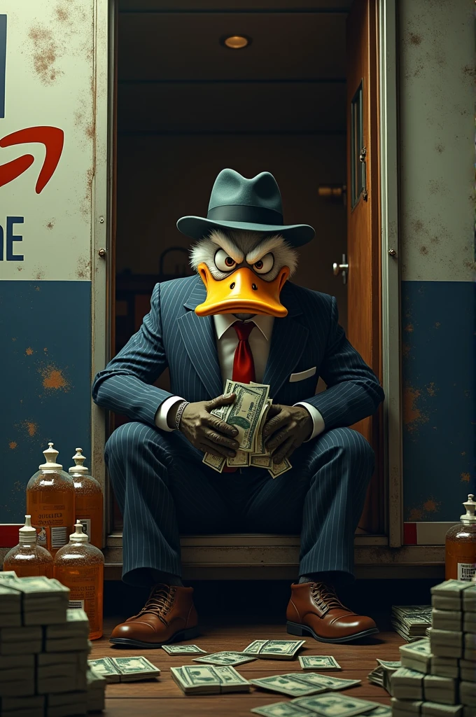 I want you to portray Scrooge McDuck as a gangster sitting in an Amazon truck with the door open, looking into the camera, holding a few bundles of money in his hand. On the truck, it says CaliZon Prime in large letters in Amazon colors, that must be clearly visible. Also, a few kilos of cannabis packages and towering bottles of cough syrup on the floor.