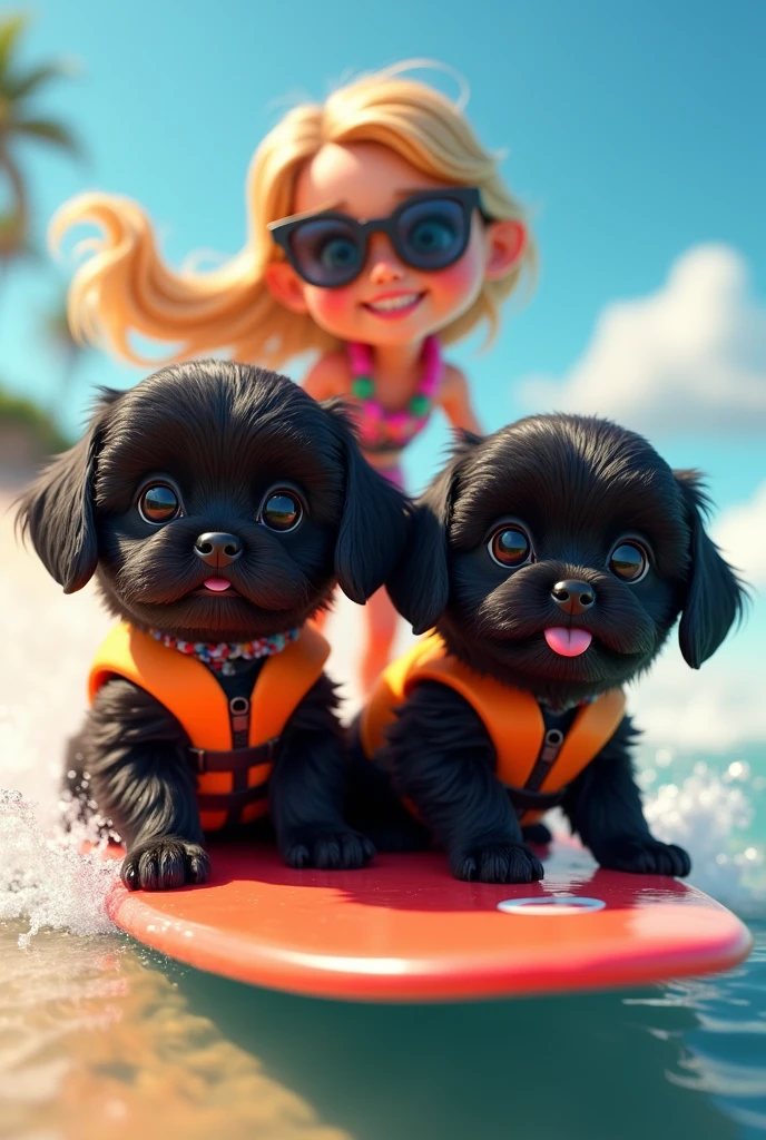 2 adorable black shih tzu puppies, cute blonde girl, extremely detailed, beautiful detailed eyes, beautiful detailed lips, extremely detailed face and eyes, long eyelashes, wearing colorful collar and life jackets, wearing sun glasses,surfing, 3D Pixar style, beach scene, colorful sand, photorealistic, (best quality,8k,highres,masterpiece:1.2),ultra-detailed,(realistic:1.37),HDR,vivid colors,studio lighting