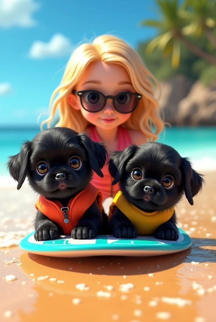 2 adorable black shih tzu puppies, cute blonde girl, extremely detailed, beautiful detailed eyes, beautiful detailed lips, extremely detailed face and eyes, long eyelashes, wearing colorful collar and life jackets, wearing sun glasses,surfing, 3D Pixar style, beach scene, colorful sand, photorealistic, (best quality,8k,highres,masterpiece:1.2),ultra-detailed,(realistic:1.37),HDR,vivid colors,studio lighting