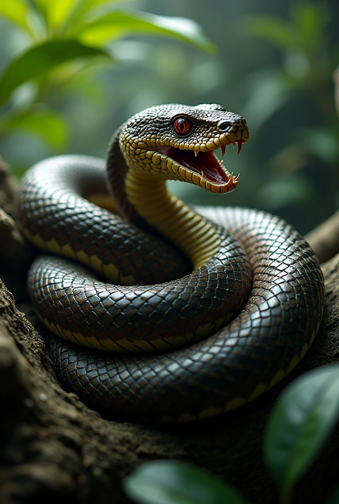 Snake winding over a branch, hissing so that you can see its fangs in the side view. 