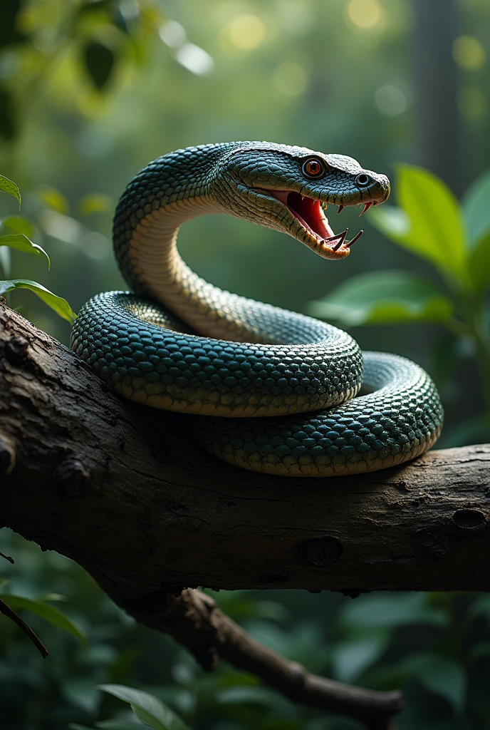 Snake winding over a branch, hissing so that you can see its fangs in the side view.