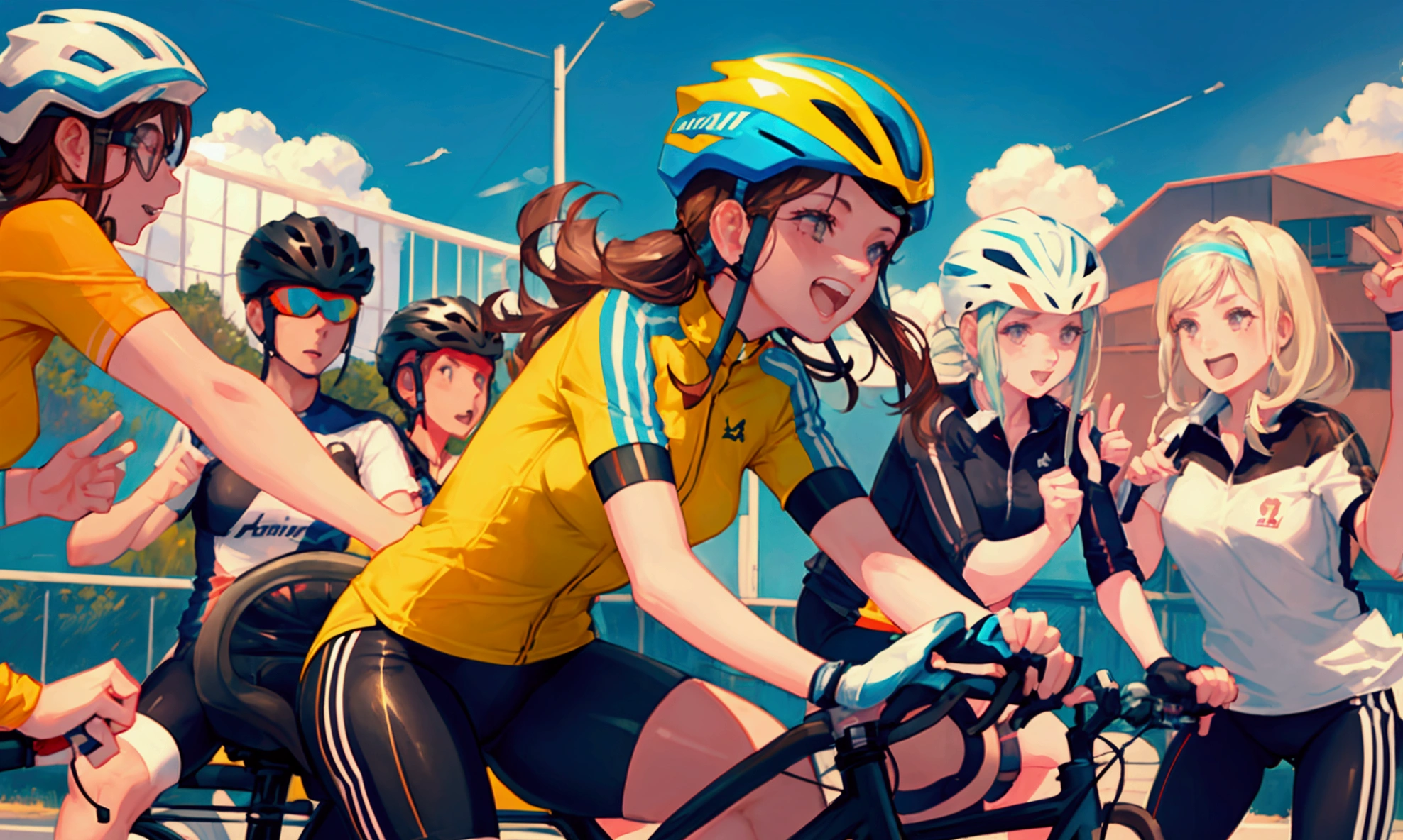 Female cyclist Celebrating after scoring a goal cute Wearing a helmet Medium chest Cycling venue