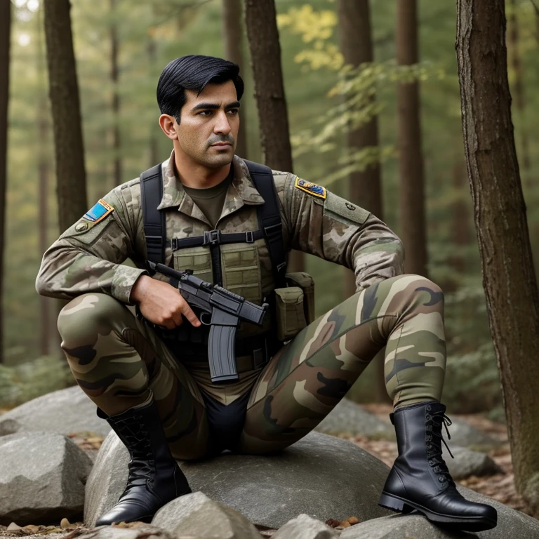 30 years old,One Man,、Camouflage full-body tights、Shocker Belt、Black gloves、Brown boots、With a handgun on his hip、In the woods、Legs spread out, sitting on a rock。Black Hair。Pretty short and even shorter short hair、Handsome soldier　Iraqi face　The crotch area of my pants is bulging　Seen from below