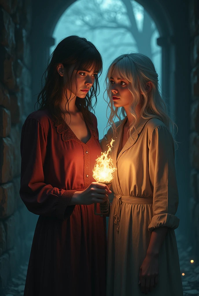 One of them is 1,56 tall, holding a torch and a scared face with their caramel brown hair.
Back, A 20-year-old woman, with white hair and a gentle, protective expression, she has her hand on the face of the in front of her.
Next to the woman, is her identical twin, but her face is one of mystery and calm.