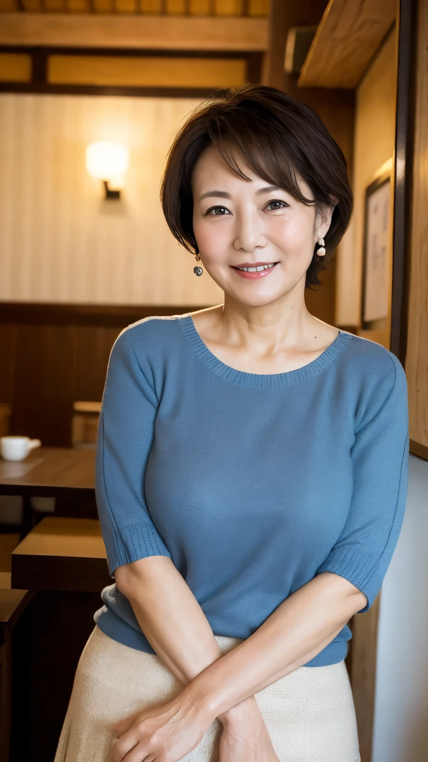 Osaka's aunt、Organic Photography、Highest quality、masterpiece、Ultra-high resolution、Beautiful Japanese old lady、60 years old、Looking at the audience、Elegant face、Smiling with teeth showing、Big Breasts、Wearing a plain short-sleeved knit、Short Hair、mini skirt、Earrings、A corner of a coffee shop, Background Blur