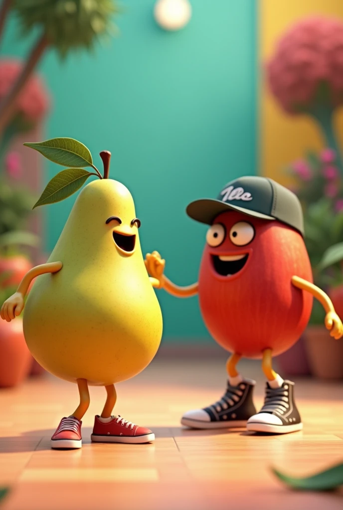 Create a 3D animated image of a pear dancing zamba next to a confused apple dancing hip hop.