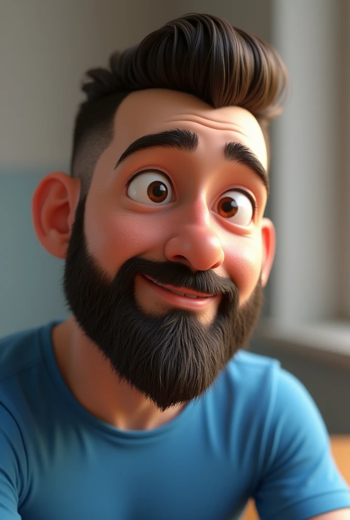 Cartoon character of a man with a beard and very short hair, wearing a blue shirt., an animated character, stylized character, animation style rendering, 3d stylized, Arnold Maya rendering, Stylized 3D rendering, toon render screenshot, 3d character, 3d character, Stylized 3D rendering, 3D character rendering, cartoon character, Personagem de close up, character posing, (Pixar-style) (master part:1.2) (bokeh) (best qualityer) (skin detailed) (detailed texture) (8k) (Argilla) (cinematic lighting) (sharp focus,Sit down and lift your upper body