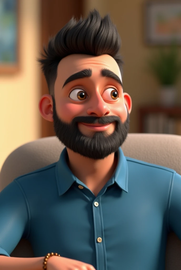 Cartoon character of a man with a beard and very short hair, wearing a blue shirt., an animated character, stylized character, animation style rendering, 3d stylized, Arnold Maya rendering, Stylized 3D rendering, toon render screenshot, 3d character, 3d character, Stylized 3D rendering, 3D character rendering, cartoon character, Personagem de close up, character posing, (Pixar-style) (master part:1.2) (bokeh) (best qualityer) (skin detailed) (detailed texture) (8k) (Argilla) (cinematic lighting) (sharp focus，Sit down and lift your upper body