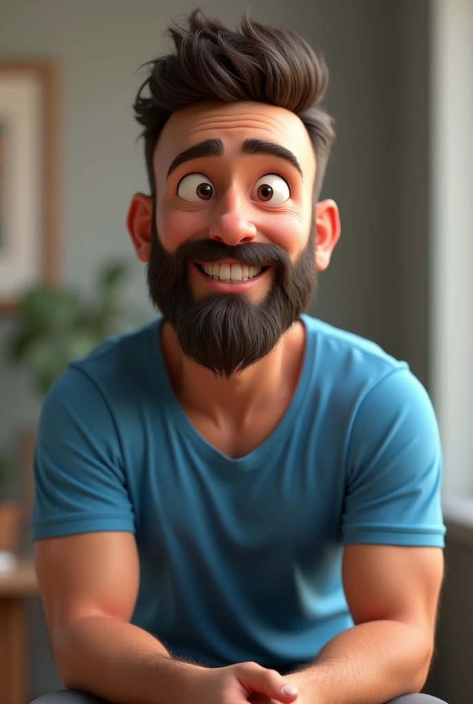 Cartoon character of a man with a beard and very short hair, wearing a blue shirt., an animated character, stylized character, animation style rendering, 3d stylized, Arnold Maya rendering, Stylized 3D rendering, toon render screenshot, 3d character, 3d character, Stylized 3D rendering, 3D character rendering, cartoon character, Personagem de close up, character posing, (Pixar-style) (master part:1.2) (bokeh) (best qualityer) (skin detailed) (detailed texture) (8k) (Argilla) (cinematic lighting) (sharp focus，Sit down and lift your upper body