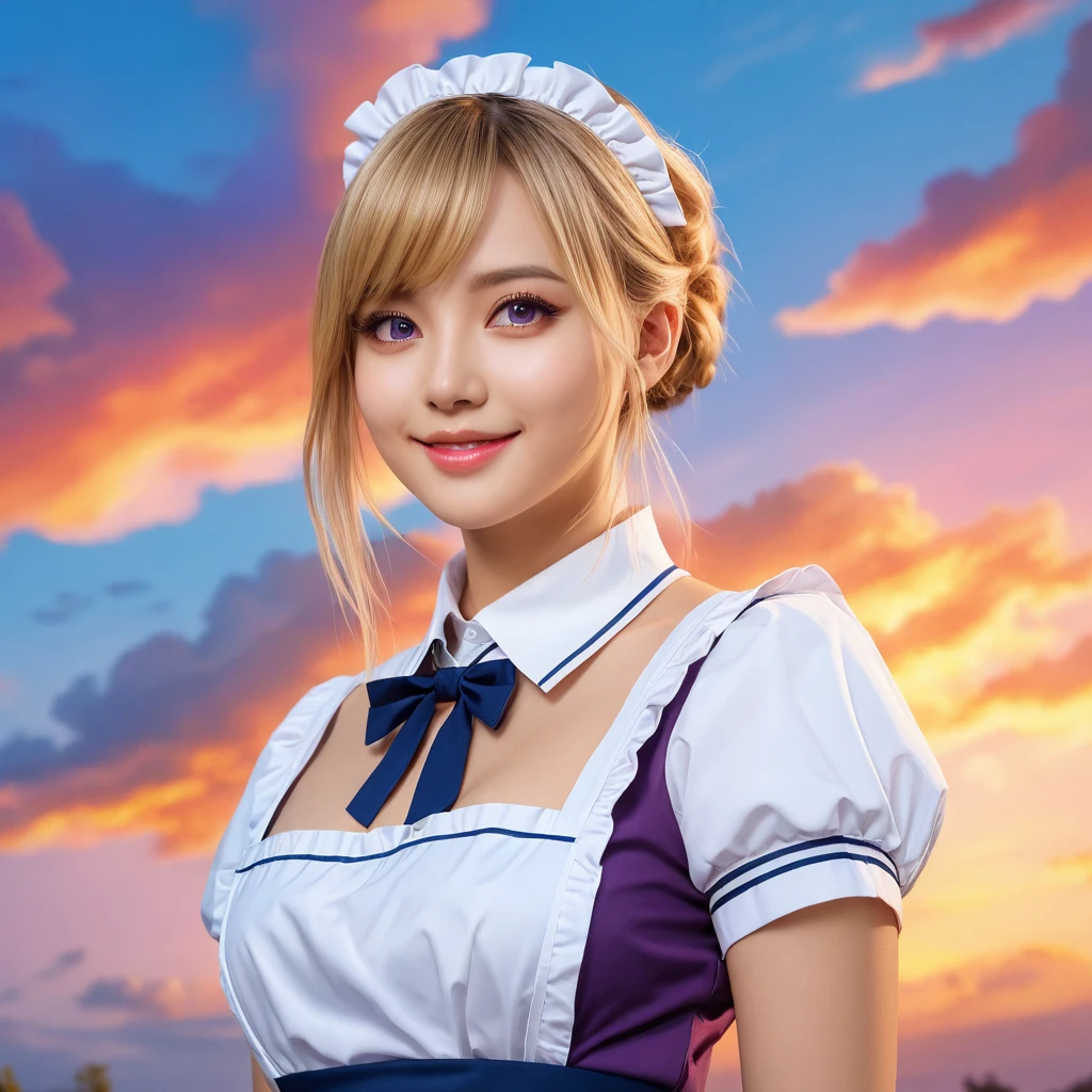 a beautiful blonde-haired maid with stunning purple eyes, smiling sweetly, (best quality,4k,8k,highres,masterpiece:1.2),ultra-detailed,(realistic,photorealistic,photo-realistic:1.37),intricate details, warm lighting, delicate facial features, elegant maid uniform, graceful pose, serene expression, detailed background, soft color palette, cinematic lighting, whimsical, magical realism, colorful, colorful sky with a bright orange and blue nebula, twisted clouds, magic, (best quality,4k,8k,highres,masterpiece:1.2), ultra-detailed, studio lighting, ultra-fine painting, sharp focus, physically-based rendering, extreme detail description, professional, vivid colors, fantasy, Anime style, ImgFixerPre0.3