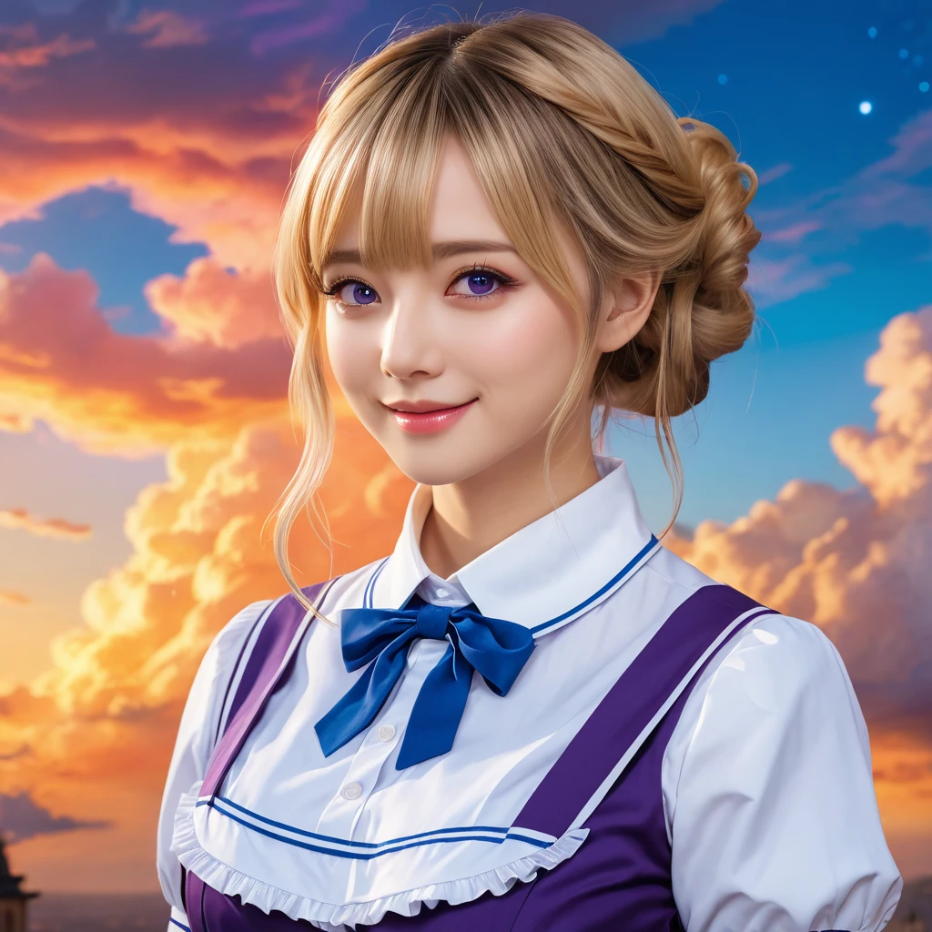 a beautiful blonde-haired maid with stunning purple eyes, smiling sweetly, (best quality,4k,8k,highres,masterpiece:1.2),ultra-detailed,(realistic,photorealistic,photo-realistic:1.37),intricate details, warm lighting, delicate facial features, elegant maid uniform, graceful pose, serene expression, detailed background, soft color palette, cinematic lighting, whimsical, magical realism, colorful, colorful sky with a bright orange and blue nebula, twisted clouds, magic, (best quality,4k,8k,highres,masterpiece:1.2), ultra-detailed, studio lighting, ultra-fine painting, sharp focus, physically-based rendering, extreme detail description, professional, vivid colors, fantasy, Anime style, ImgFixerPre0.3