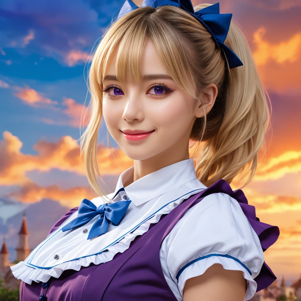 a beautiful blonde-haired maid with stunning purple eyes, smiling sweetly, (best quality,4k,8k,highres,masterpiece:1.2),ultra-detailed,(realistic,photorealistic,photo-realistic:1.37),intricate details, warm lighting, delicate facial features, elegant maid uniform, graceful pose, serene expression, detailed background, soft color palette, cinematic lighting, whimsical, magical realism, colorful, colorful sky with a bright orange and blue nebula, twisted clouds, magic, (best quality,4k,8k,highres,masterpiece:1.2), ultra-detailed, studio lighting, ultra-fine painting, sharp focus, physically-based rendering, extreme detail description, professional, vivid colors, fantasy, Anime style, ImgFixerPre0.3