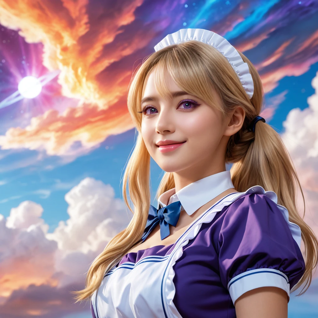 a beautiful blonde-haired maid with stunning purple eyes, smiling sweetly, (best quality,4k,8k,highres,masterpiece:1.2),ultra-detailed,(realistic,photorealistic,photo-realistic:1.37),intricate details, warm lighting, delicate facial features, elegant maid uniform, graceful pose, serene expression, detailed background, soft color palette, cinematic lighting, whimsical, magical realism, colorful, colorful sky with a bright orange and blue nebula, twisted clouds, magic, (best quality,4k,8k,highres,masterpiece:1.2), ultra-detailed, studio lighting, ultra-fine painting, sharp focus, physically-based rendering, extreme detail description, professional, vivid colors, fantasy, Anime style, ImgFixerPre0.3