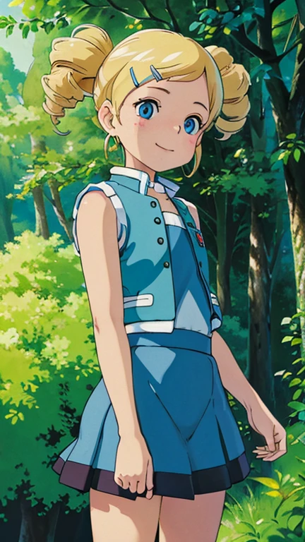 (1girl, solo, highly insanely detailed, masterpiece, top quality, best quality, highres, 4k, 8k, RAW photo),((innocent look)),((Childish)),From the front, symmetrical composition,smile,cute,Innocent,Kind eyes,Flat chest,Hairless vagina, Cameltoe,ghibli style,forest, ppgzbb
blue eyes, blonde hair, twin drills, hairclip, earrings, vest, blue skirt, short skirt,