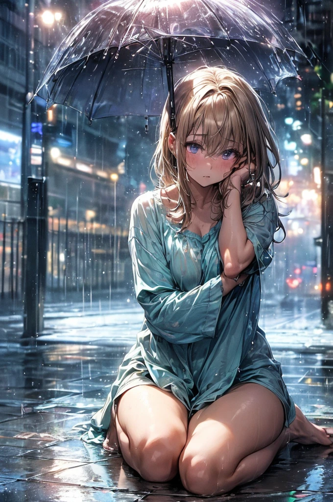 (amazing detail, amazing eyes, masterpiece, best quality:2.0, cinematic lighting:1.5, master quality), ((detailed deep purple eyes)), Purple eyes, 1girl, nighttime, outside, pavement, sidewalk, pouring rain, wet ground, naked except for her teal pyjama shirt, very short caramel-blonde hair, she is sitting on the ground with her bum on the wet floor while hugging her own legs for warmth, she is visibly depressed and pale with illness. The only source of light is the dull amber glow of a modern street light, her clothing sticks to her skin, and her pyjama shirt is made of linen or flannel material, dull non-reflective material, linen, short shirt, revealing shirt, almost naked, barefoot, thick teal pyjama shirt, Pyjama, linen, cotton, dull, sat with he back against a wall, sat cuddling her own knees. 