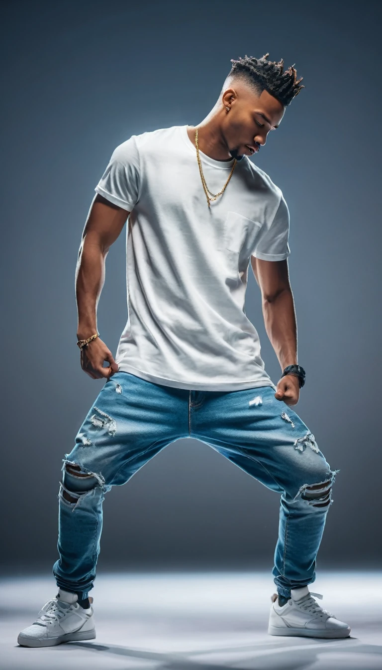 A modern guy, wearing a youthful style T-shirt, short jeans, breakthrough style, hip-hop dance pose, arms bent in artistic dance pose. (Highly Detail:1.2),(Cinematic Lighting,Delicate Colors), 8K, ((lifelike)), masterpiece