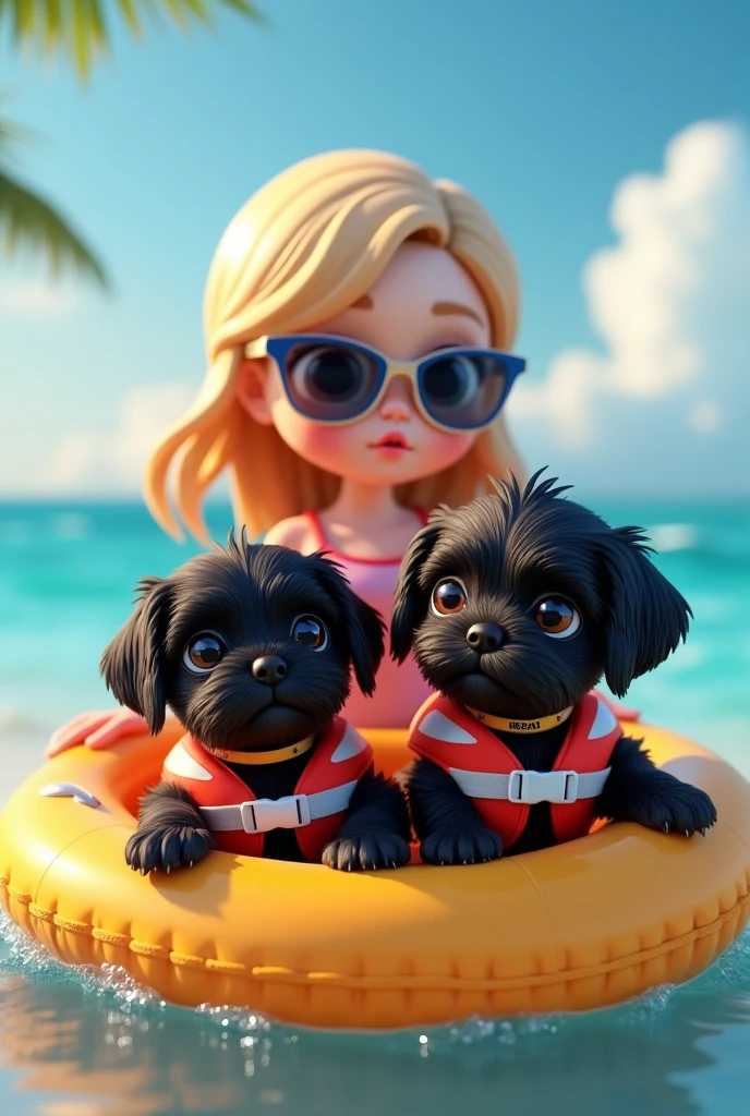 2 adorable black shih tzu puppies, cute blonde girl, extremely detailed, beautiful detailed eyes, beautiful detailed lips, longeyelashes, wearing colorful collar and life jacket, wearing sunglasses, floating on raft, 3D Pixar style, at beach, photorealistic, (best quality,8k,highres,masterpiece:1.2),ultra-detailed,(realistic:1.37),HDR,vivid colors,studio lighting