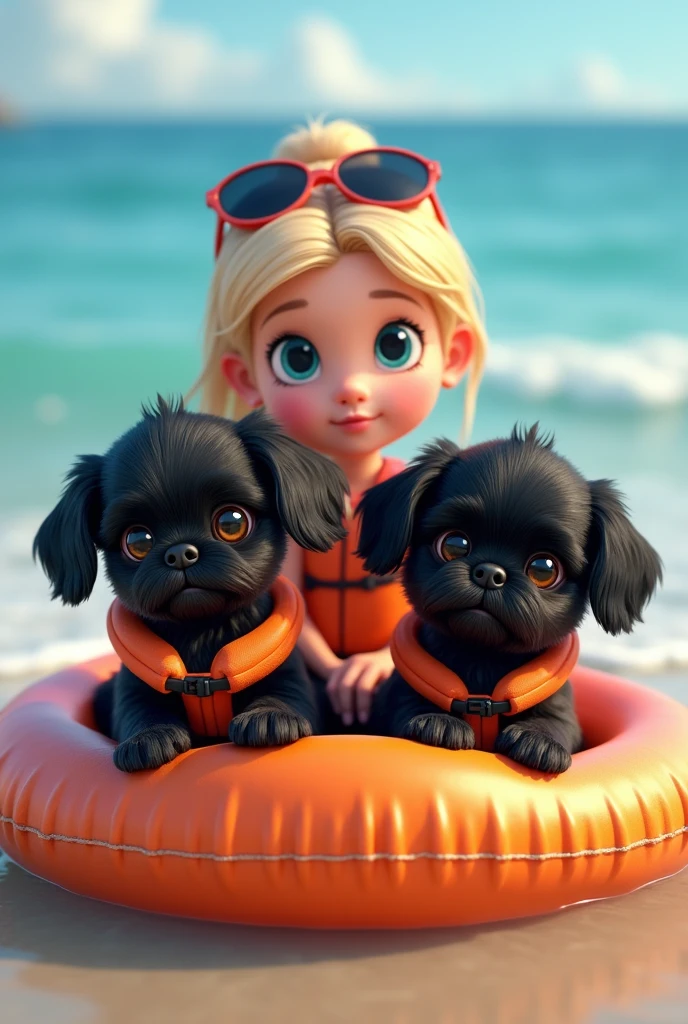 2 adorable black shih tzu puppies, cute blonde girl, extremely detailed, beautiful detailed eyes, beautiful detailed lips, longeyelashes, wearing colorful collar and life jacket, wearing sunglasses, floating on raft, 3D Pixar style, at beach, photorealistic, (best quality,8k,highres,masterpiece:1.2),ultra-detailed,(realistic:1.37),HDR,vivid colors,studio lighting