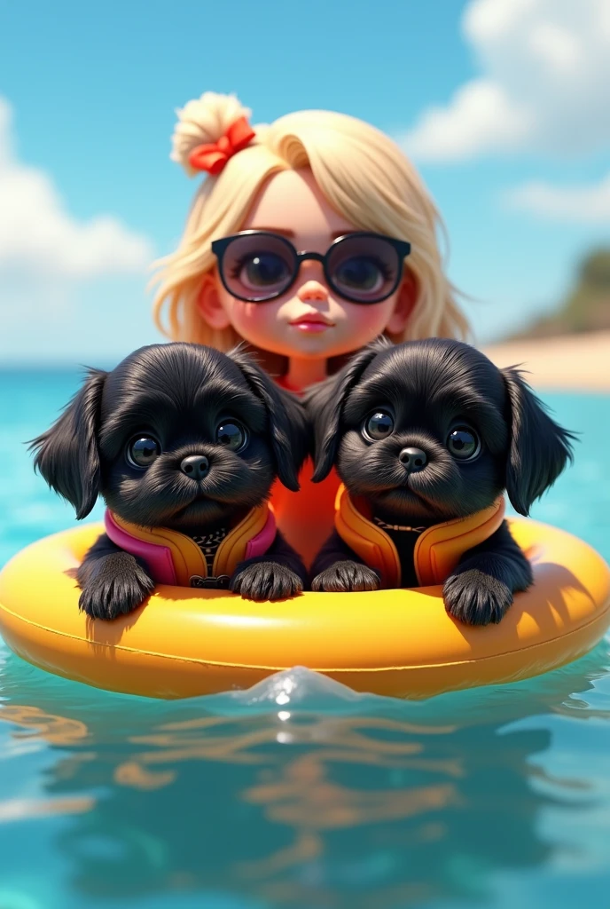 2 adorable black shih tzu puppies, cute blonde girl, extremely detailed, beautiful detailed eyes, beautiful detailed lips, longeyelashes, wearing colorful collar and life jacket, wearing sunglasses, floating on raft, 3D Pixar style, at beach, photorealistic, (best quality,8k,highres,masterpiece:1.2),ultra-detailed,(realistic:1.37),HDR,vivid colors,studio lighting
