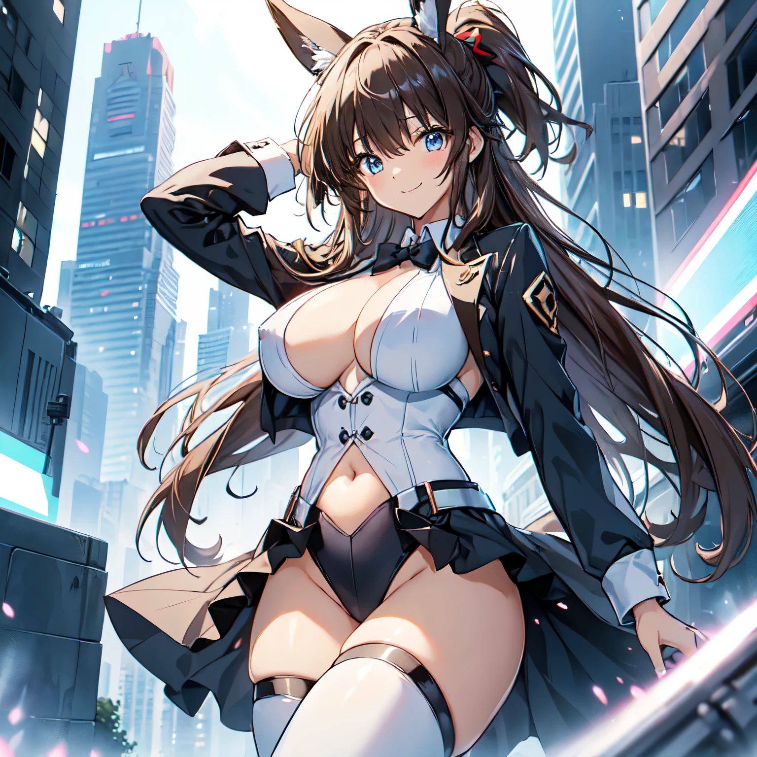 (tuxedo jacket), (light blue leotard), smiling(short height)(young girl), (black bunny ears), (huge round breasts)(big boobs), narrow waist, belly button, narrow hips, (bare hips), (thin legs)(bare legs), (narrow thighs), (white high-heel), (reddish brown ponytail)(white ribbon), nightscape, city lights, (Highly Detailed CG Unity 8K Wallpaper) (Better Quality) (Better lighting)