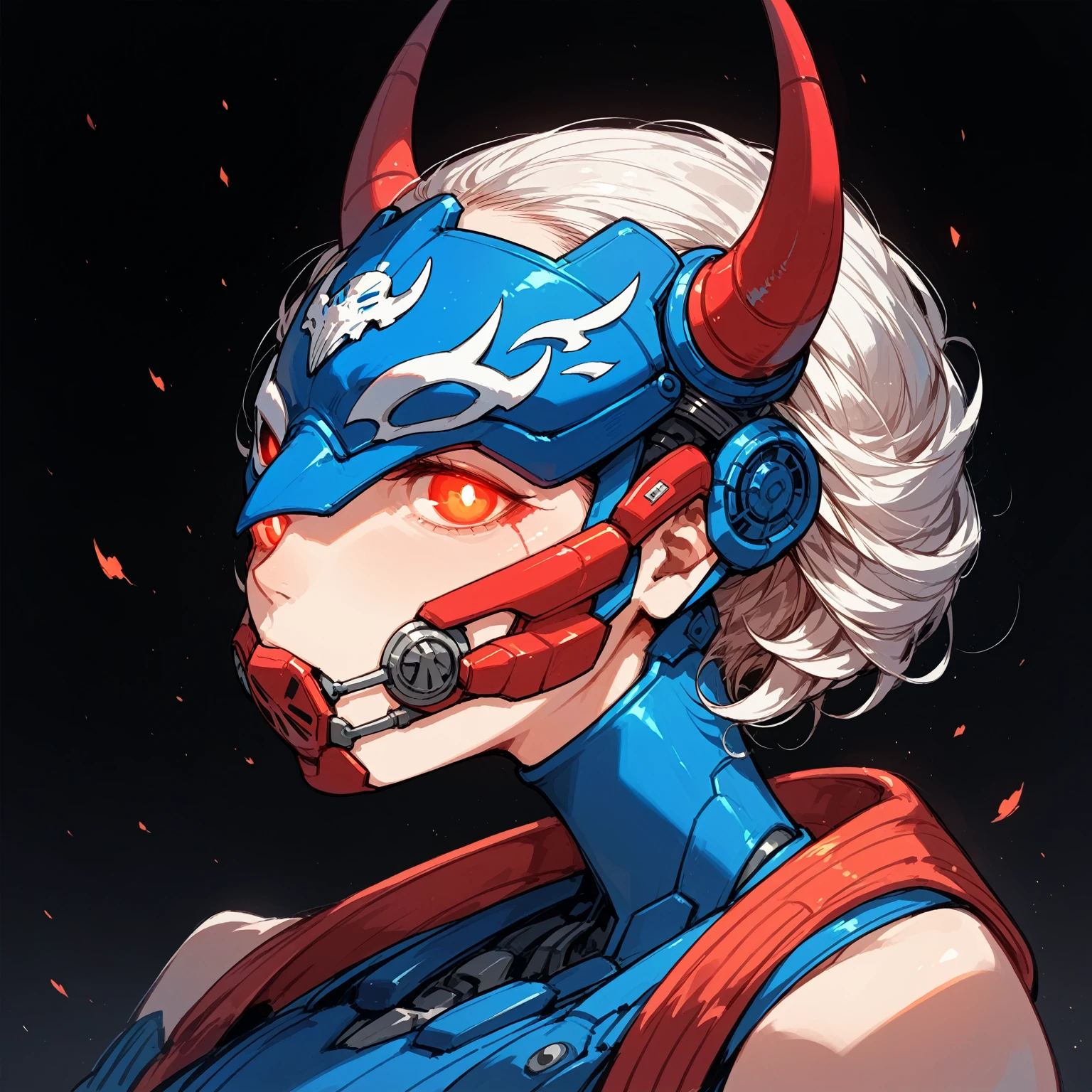 Anime Style,Mechanical Hannya Mask,A woman wearing a Hannya mask,Glowing Eyes、Iron Man Mask,Mask covering the mouth,Protruding horns in the front