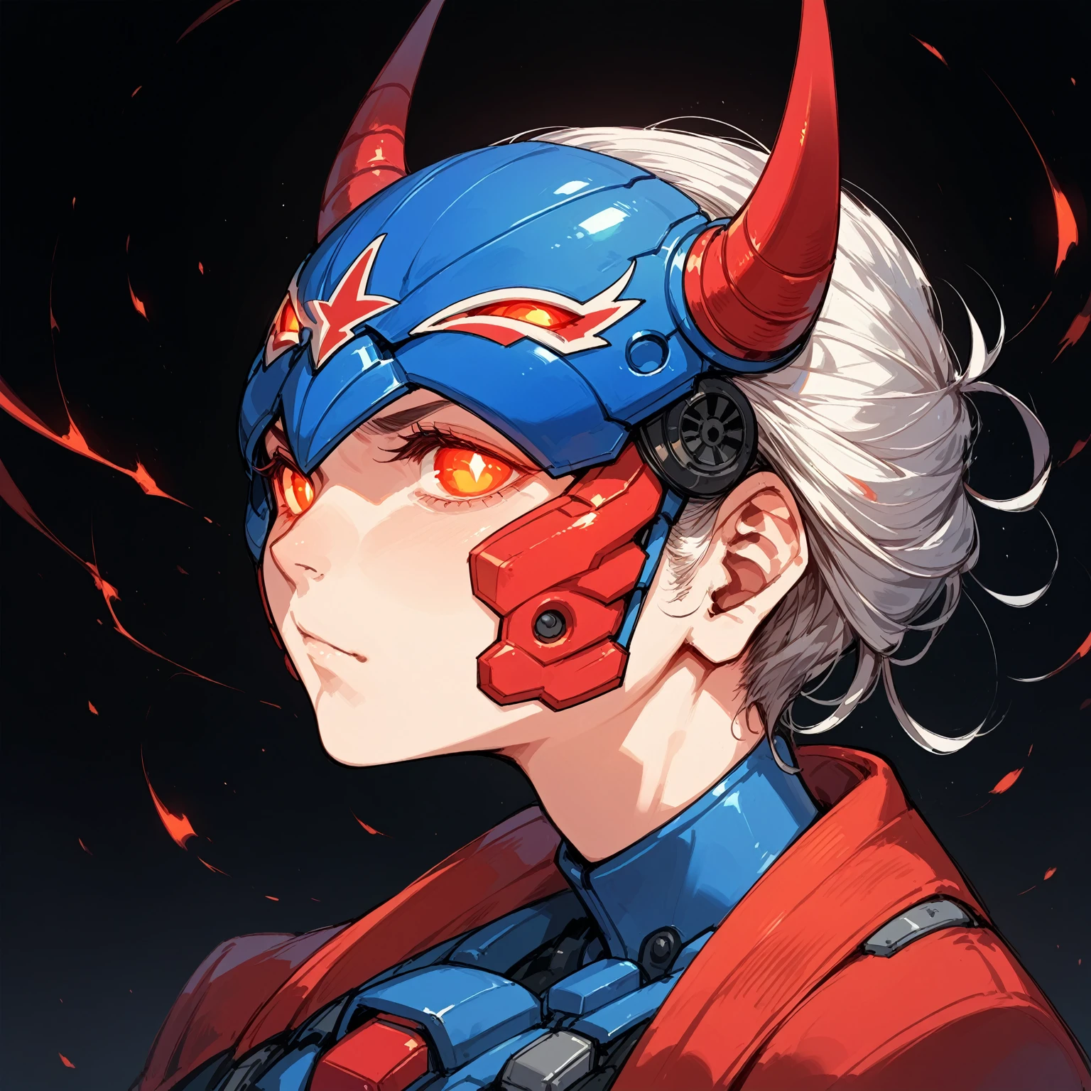 Anime Style,Mechanical Hannya Mask,A woman wearing a Hannya mask,Glowing Eyes、Iron Man Mask,Mask covering the mouth,Protruding horns in the front
