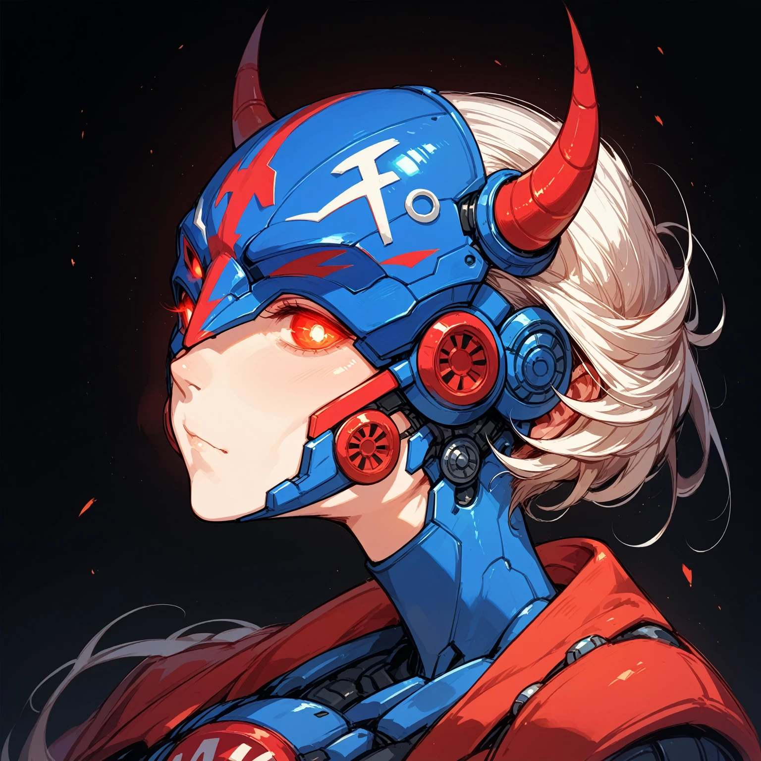 Anime Style,Mechanical Hannya Mask,A woman wearing a Hannya mask,Glowing Eyes、Iron Man Mask,Mask covering the mouth,Protruding horns in the front
