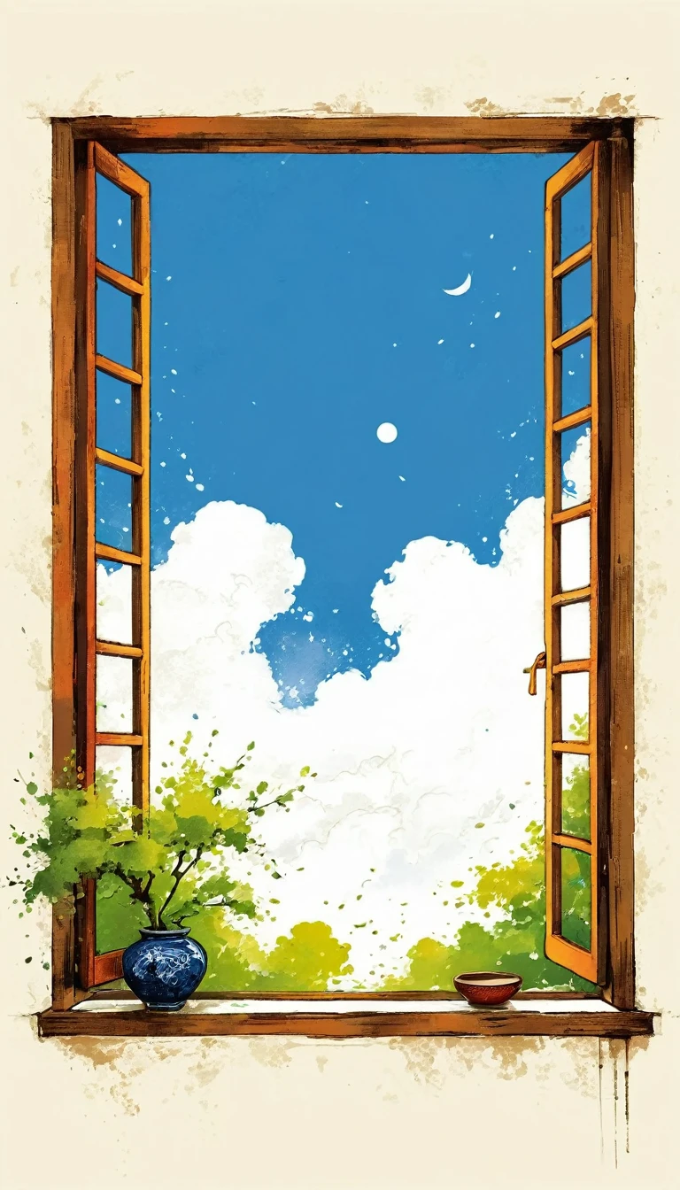 中国水墨画sketch:Light Ink,Lowercase,sketch,artistic conception,window,cloud,Minimalism,(((Negative Space,Bottom left composition)))