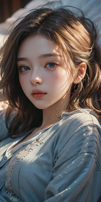 (masterpiece: 1.2, Portraiture, Highest quality), Realistic, (Live Action, Intricate details, Written boundary depth), Highest quality, masterpiece, Attention to detail, semi-Realistic,  Sleeping in bed, shy, 21 years old, Short Blonde, blue eyes, pajamas, Slim figure、Canopy bed、