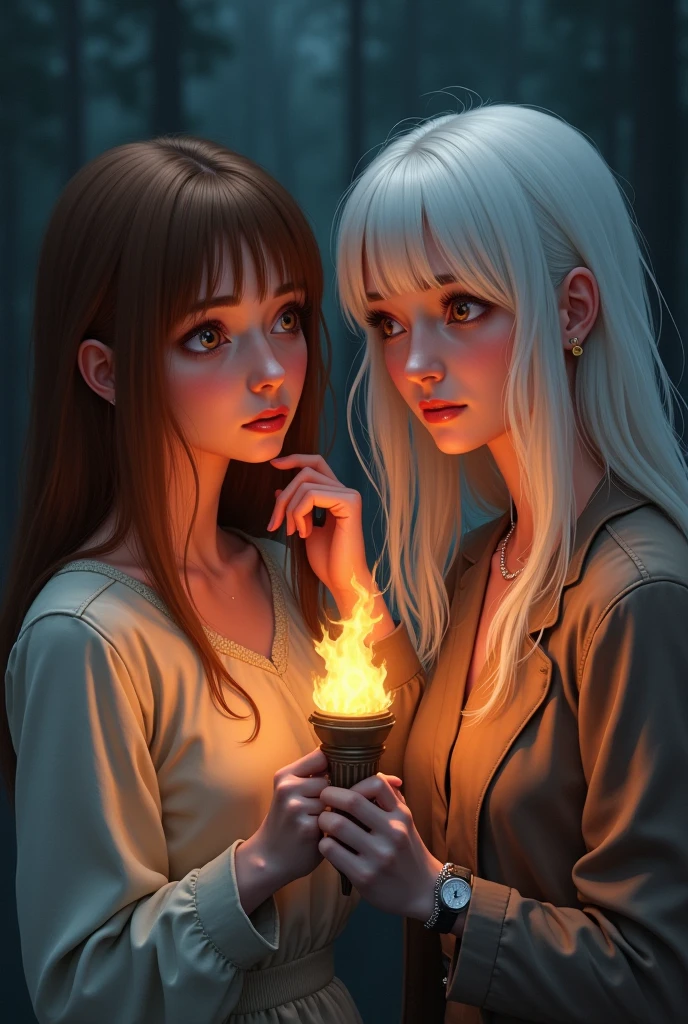 One of them is 1,56 tall, holding a torch and a scared face with their caramel brown hair.
Back, A 20-year-old woman, with white hair and a gentle, protective expression, she has her hand on the face of the in front of her.
Next to the woman, is her identical twin, but her face is one of mystery and calm.