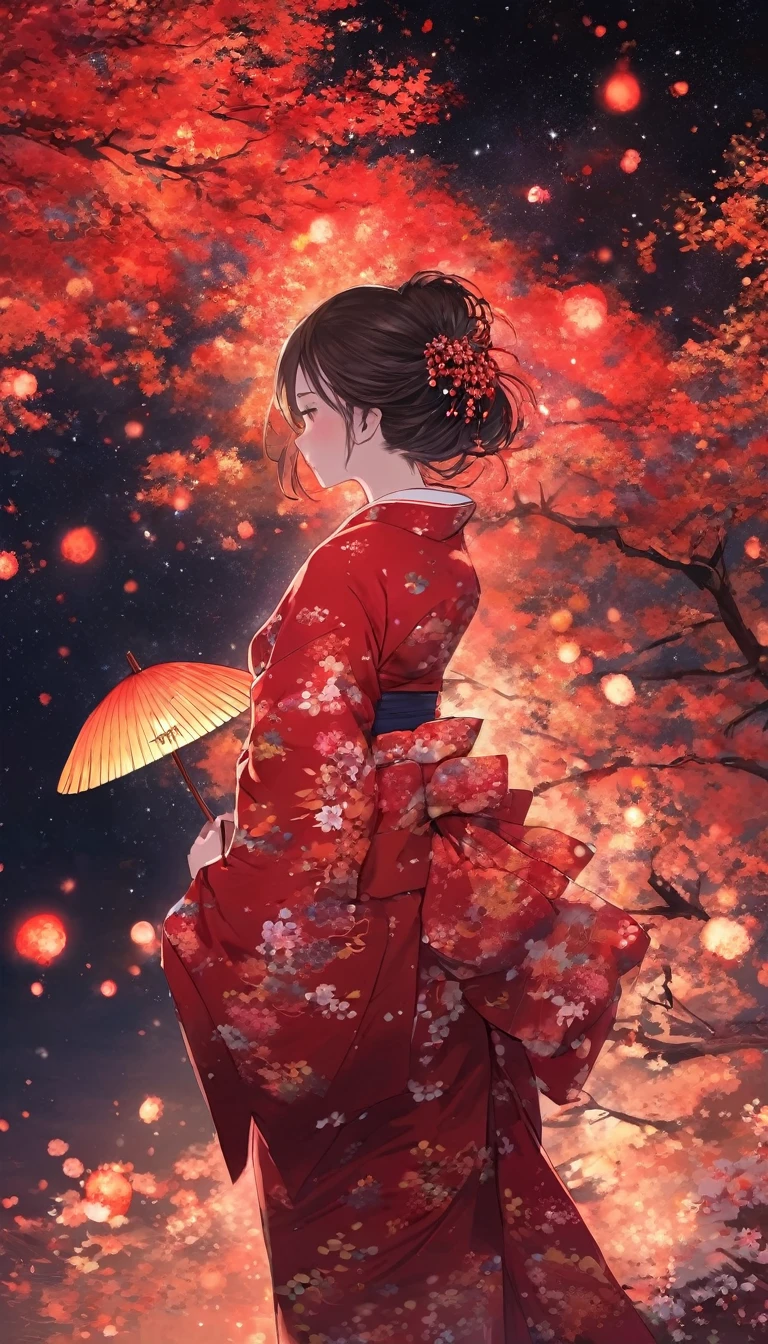 Autumn in Space、A girl in a crimson kimono、Make the background darker and more night-like、Back view