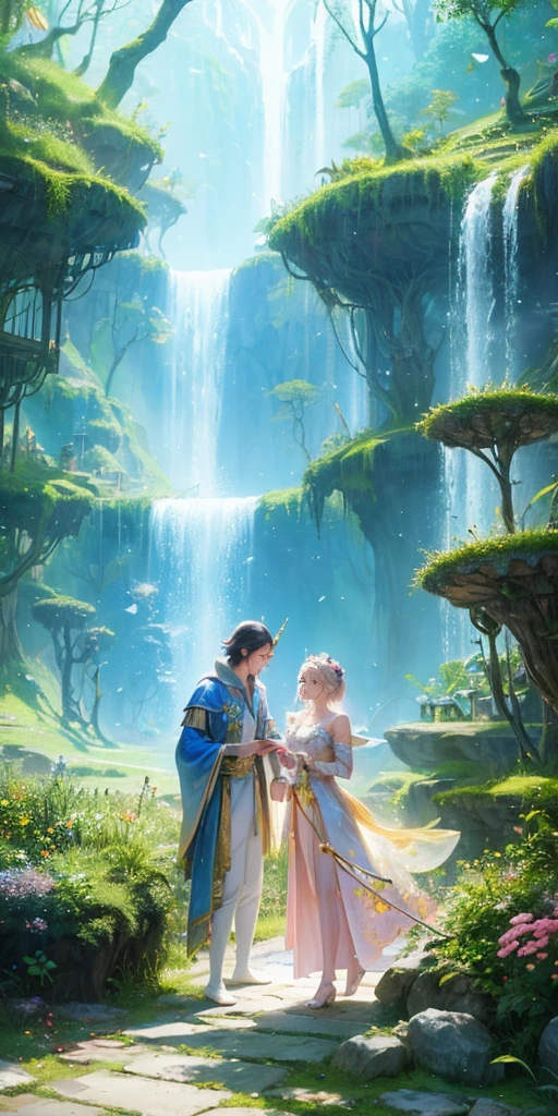 Fairy tale world, Wonderland, ((Tyndall effect)), Giant Tree, Golden beam, Fantasy Creatures, Fairy, unicorn, Talking animals, Sweet floral aroma, Sweet birdsong, dappled shadow, Wearing a white robe, Magic Wand, Colorful light spots, Far away magical country, imagination, secret, adventure