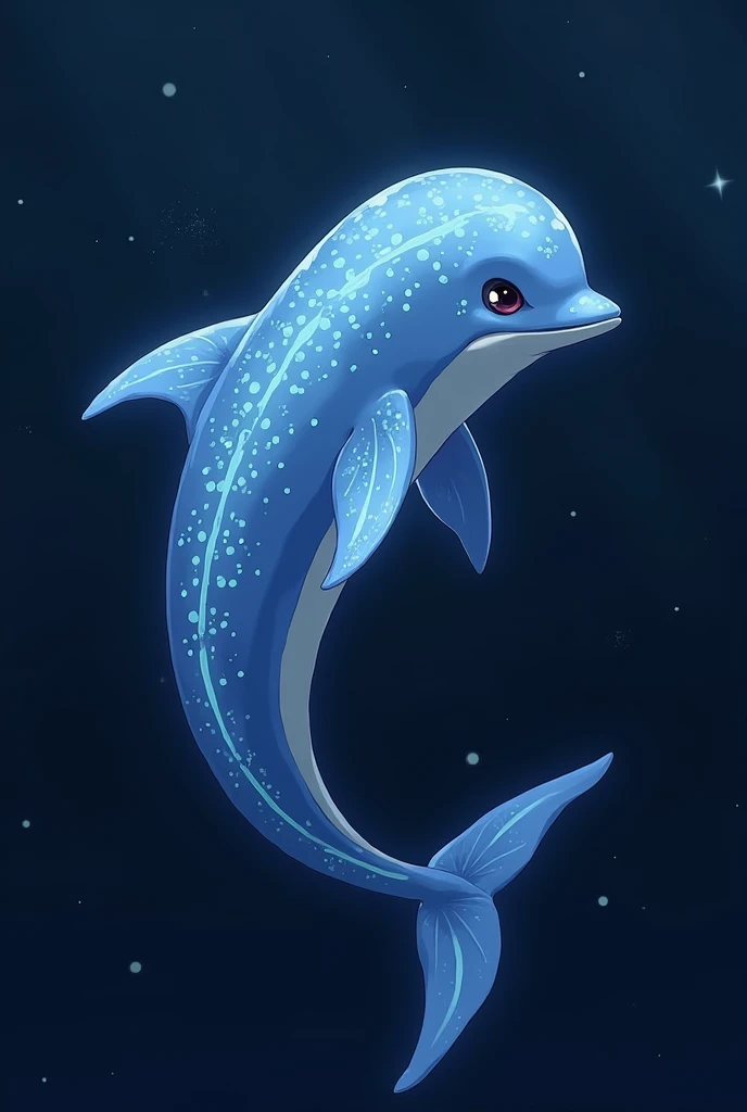 The Iruhotaru has a streamlined body like a dolphin, covered with blue-silver scales. Each part of the body is dotted with firefly light-emitting organs, which emit a pale blue light at night. The head resembles a dolphin, with large eyes and sharp teeth. It has a dorsal fin like a dolphin on its back, and its tail fin is also dolphin-shaped. The light-emitting organs are particularly concentrated on the dorsal fin, tail fin, and sides of the body, and they create beautiful light trails as they swim. The color and pattern of the light emission varies from individual to individual, and is used to distinguish between fellow members. The fine scales reflect light and sparkle in the sea.