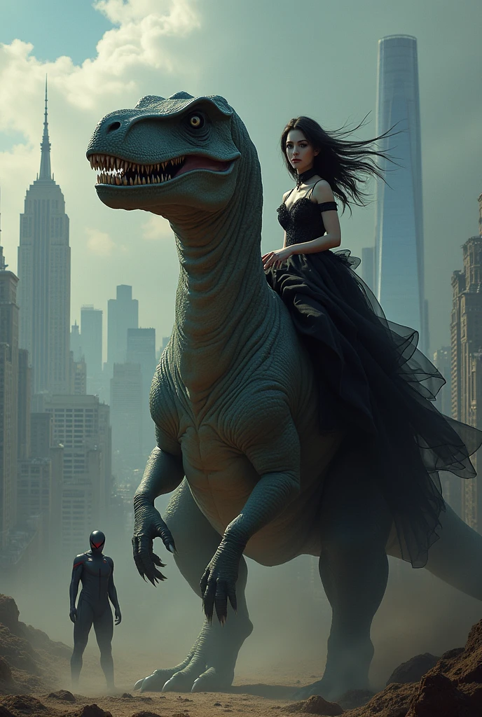 Extremely beautiful gothic girl riding a Swedish dinosaur going to conquer the United States which is defended by the racist Spiderman