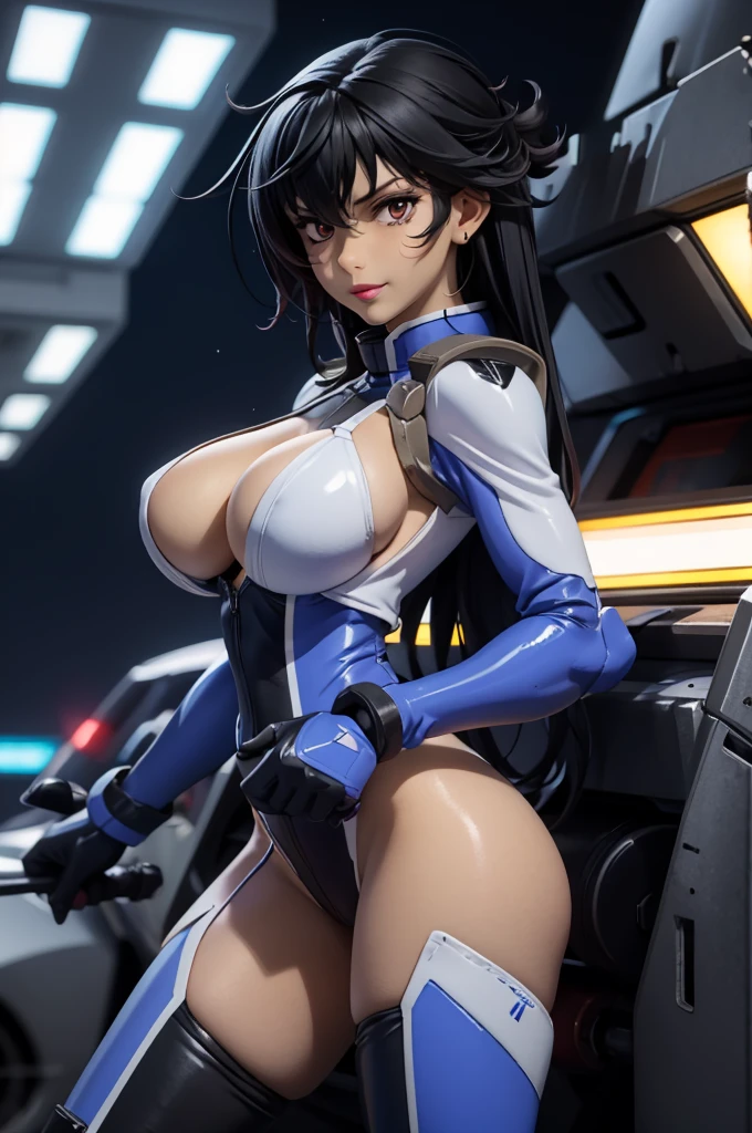 closed mouth, (), ((1girl)), ((((solo))), (((alone))), (((genderbend))), (((female))), wide hips, thick thighs, huge breast, narrow waist, ((porn movie)), ((sexy skin tight latex blue celestial being pilot suit)), ((anime artstyle)), long eyelashes, ((((long black hair)))), ((prostitute)), (((at night))), (red lipstick), (black eyeshadow), (in the dark), smiling, (((ripped clothes))).