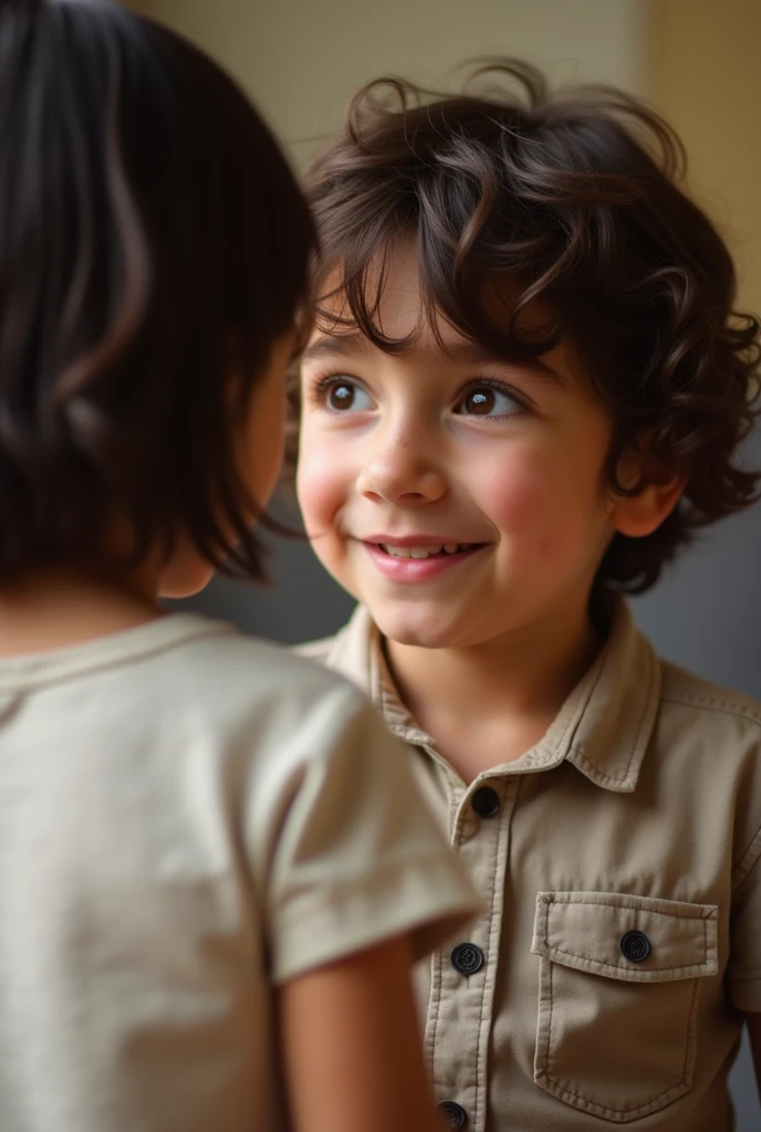 photo taken in a digital camera, set in 2013. two spanish kids 7 . the boy has wavy dark brown hair and he is smiling softly at the girl, who is a little chubby and has straight dark brown hair and she is facing away from the camera, her back is facing the camera. the photo is taken by parents so make it look like a candid photo