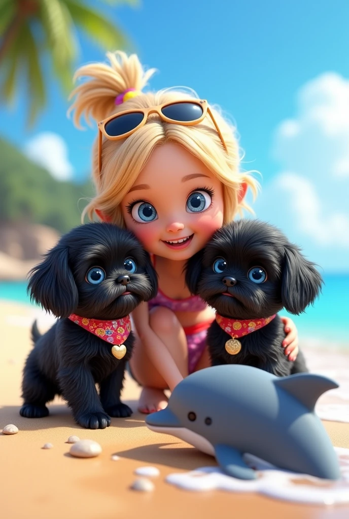 2 cute adorable black shih tzu puppies,cute blonde girl,extremely detailed big blue eyes,wearing colorful collar and bandana,wearing sunglasses,playing with cute dolphin,3D Pixar style,at beach,photorealistic,(best quality,8k,highres,masterpiece:1.2),ultra-detailed,(realistic:1.37),HDR,vivid colors,studio lighting