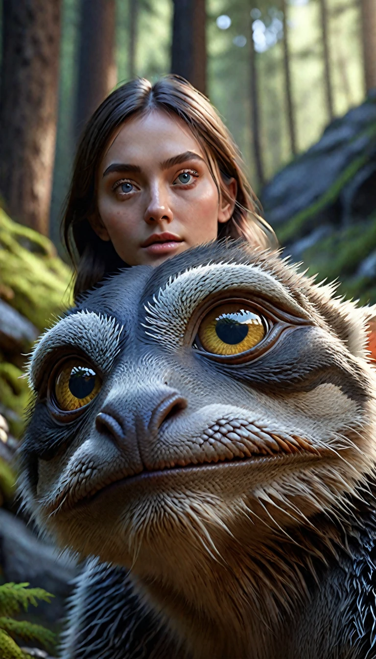 In the mountains and forests,A creature with a human face and four eyes(best quality,4K,8k,High level,masterpiece:1.2),Ultra Detailed,(lifelike,Photo real,Photo real:1.37),Highly detailed animals,Complex patterns,Realistic lighting