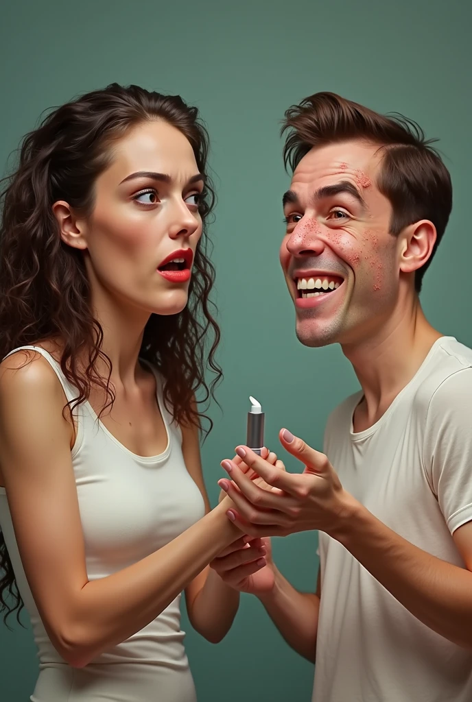 Caucasian female, very big forehead angry face, very curly long hair, applying cream on the hands of a white man, shorth hair, very big lips, and face with many pimples and smiling