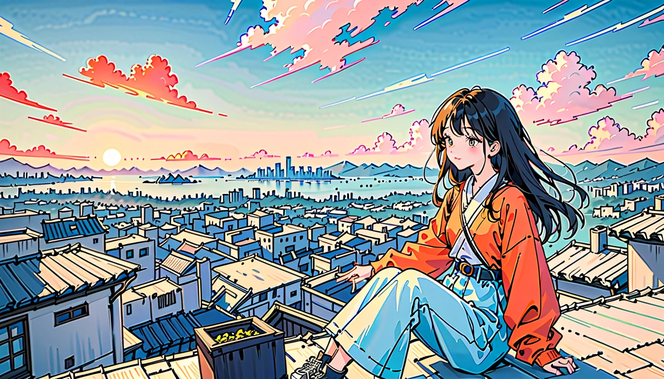A Japanese anime girl sitting on a rooftop, overlooking a '90s urban skyline at dusk. Her attire and accessories reflect a mix of '90s anime culture and urban fashion. Created Using: two-color scheme (sky blue and sunset orange), simplified pop art style, '90s anime character design, urban skyline with '90s aesthetics, reflective mood, detailed 8k texture, contemplative pose --ar 9:16 --style raw --stylize 700 --niji 6