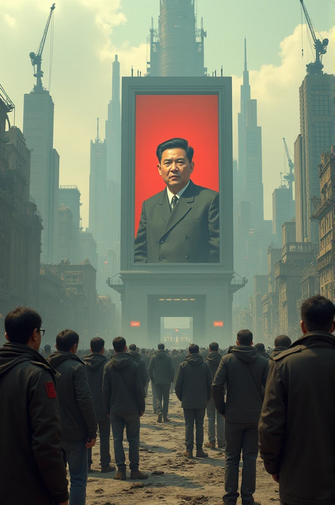 Recreate the scene of this vignette
Vignette 1:**
(A futuristic city in ruins. Great statues of the "Supreme Leader" rise throughout the city. A group of citizens is in line in front of a large panel where a live broadcast of the Leader appears.)
**Storyteller:** In the distant empire of Bolivarium, where the supreme leader has been in power for over a thousand years, the nation lives in... *"eternal prosperity".*
**Supreme Leader (On the screen):** Citizens of Bolivarium! Today I announce the opening of the eighth National Treasure Mega-Cave. It is a great achievement of our "shielded economy"!