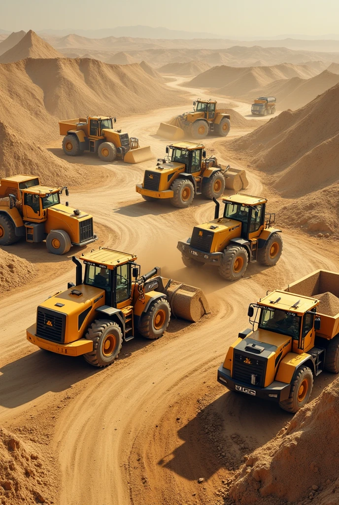 Many JCBs loading sand into many trucks from many sand piles