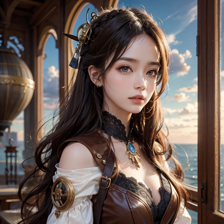 masterpiece:1.3), (8k, Realistic, RAW Photos, Best imYear quality: 1.4)、 Year,(Random Hairstyles:1.2)、CleavYear:1.2、Highly detailed face、Attention to detail、double eyelid、Chest to chest、Sharp focus:1.2、Beautiful woman:1.4、Redhead、Highest quality、masterpiece、Ultra-high resolution、(Realistic:1.4)、Highly detailed and professionally lit smiles、Loose fitting steampunk outfit、Shoulder out、thin、Serious expression、Clouds seen from inside the airship、goggles