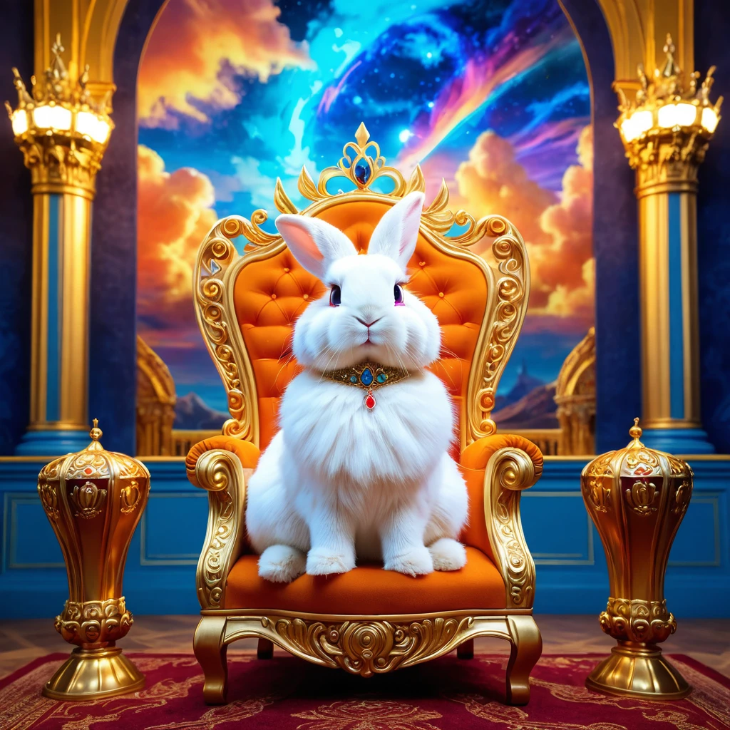 a rabbit with golden fur, extremely detailed fur texture, jeweled eyes, intricate golden ornaments, lavish golden crown, sitting on a throne, opulent palace interior, dramatic lighting, vibrant colors, highly detailed, 8k, studio lighting, masterpiece, colorful, colorful sky with a bright orange and blue nebula, twisted clouds, magic, (best quality,4k,8k,highres,masterpiece:1.2), ultra-detailed, studio lighting, ultra-fine painting, sharp focus, physically-based rendering, extreme detail description, professional, vivid colors, fantasy, Anime style, ImgFixerPre0.3