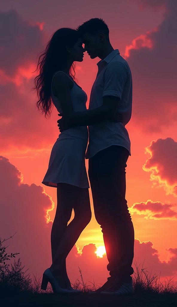 Two Figures in an Embrace**: Silhouetted against a backdrop of a dramatic, colorful sky, conveying a deep, heartfelt connection and enthusiasm for each other.in Dall e-3 style 