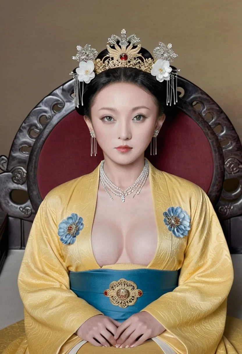 From the pre-Qing period, The Empress is naked on the gold sofa in the palace, Her eyes are wide open, Her legs were spread, big naked breasts. At the Chinese court during the Qing Dynasty, Empress of the Qing Dynasty, Empress of China, Wearing a large crown, Belly and thighs visible from below.。She is completely naked, Showing off gorgeous large flowers and hairpins, She tied her hair up and pulled it up, 背景はEmpress of the Qing Dynastyの豪華な宮殿.