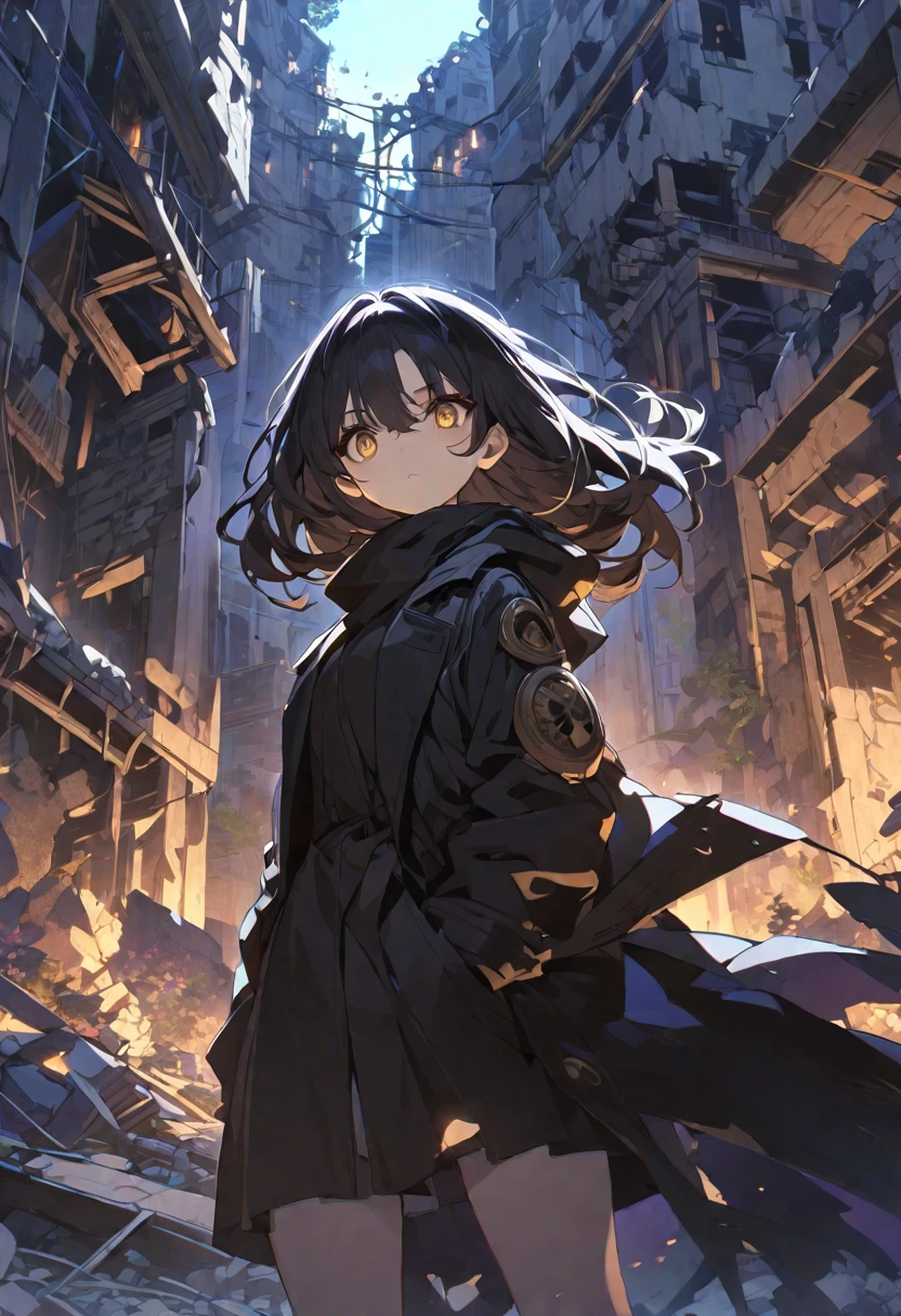 One girl、masterpiece、Highest quality、Beauty、Expressionless、Big eyes、Golden Eyes、Beautiful Eyes、Hollow Eyes、Black Hair、Black plague mask、Black coat、Ruins at night、anime