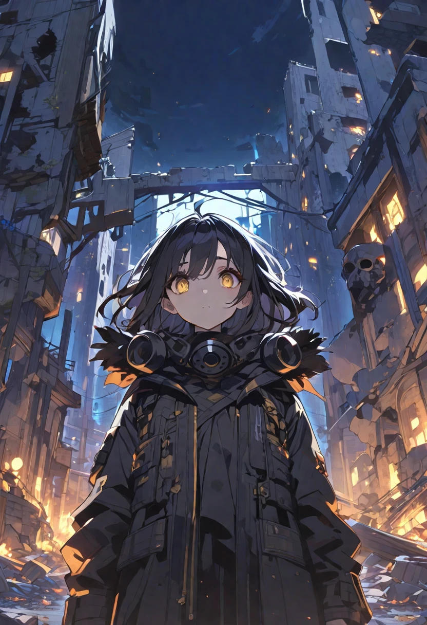 One girl、masterpiece、Highest quality、Beauty、Expressionless、Big eyes、Golden Eyes、Beautiful Eyes、Hollow Eyes、Black Hair、Black plague mask、Black coat、Ruins at night、anime