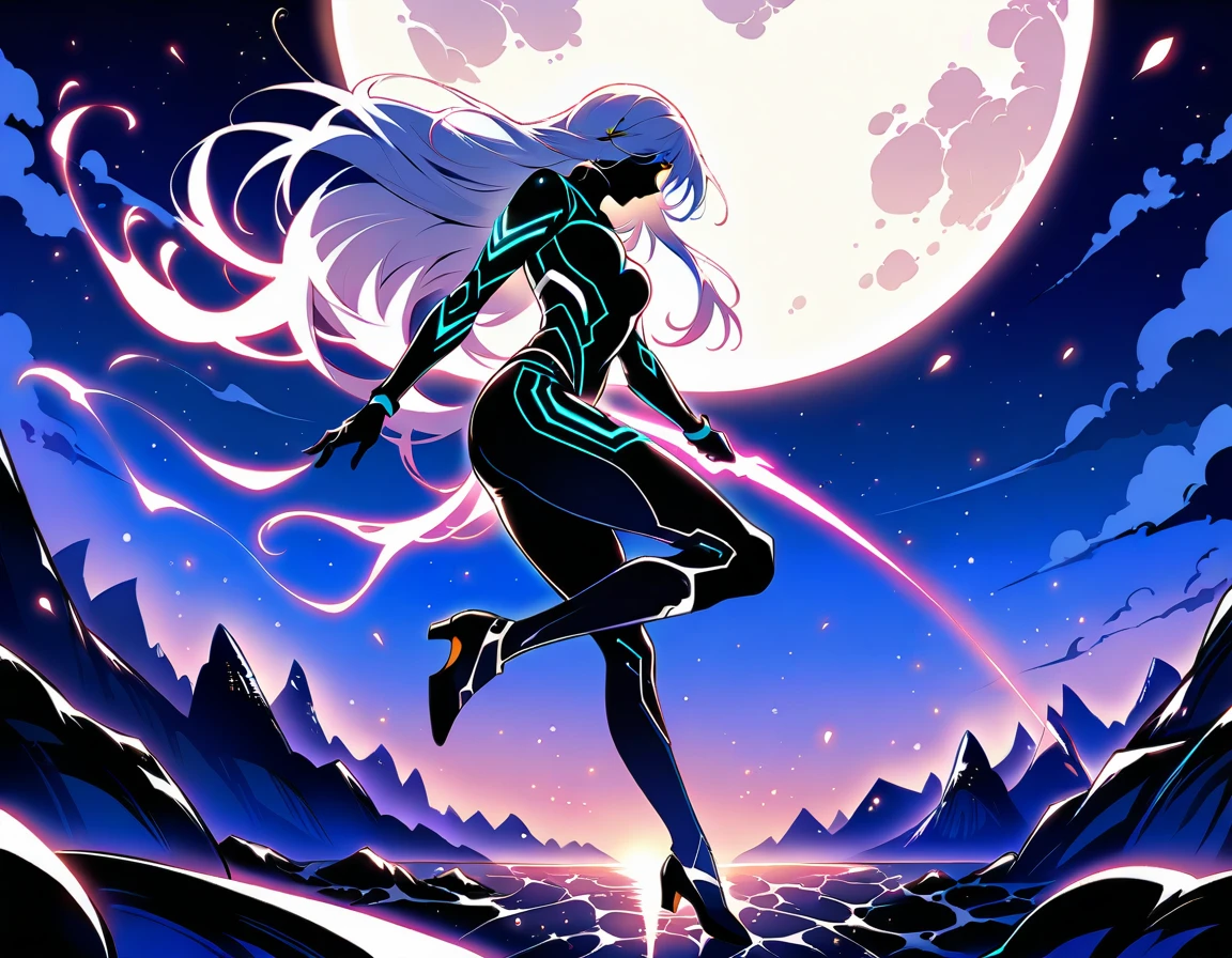 Midnight cityscape: towering skyscrapers rise like giants, their neon lights refracting off the wet pavement as a stunning cybernetic ninja, her metallic limbs glistening in the moon's silver glow, sprints and leaps with fluid grace. Her flowing hair streams behind her like a fiery aura, superimposed against the colossal full moon, its craters and mountains a fitting backdrop for this futuristic warrior's nocturnal escapades.